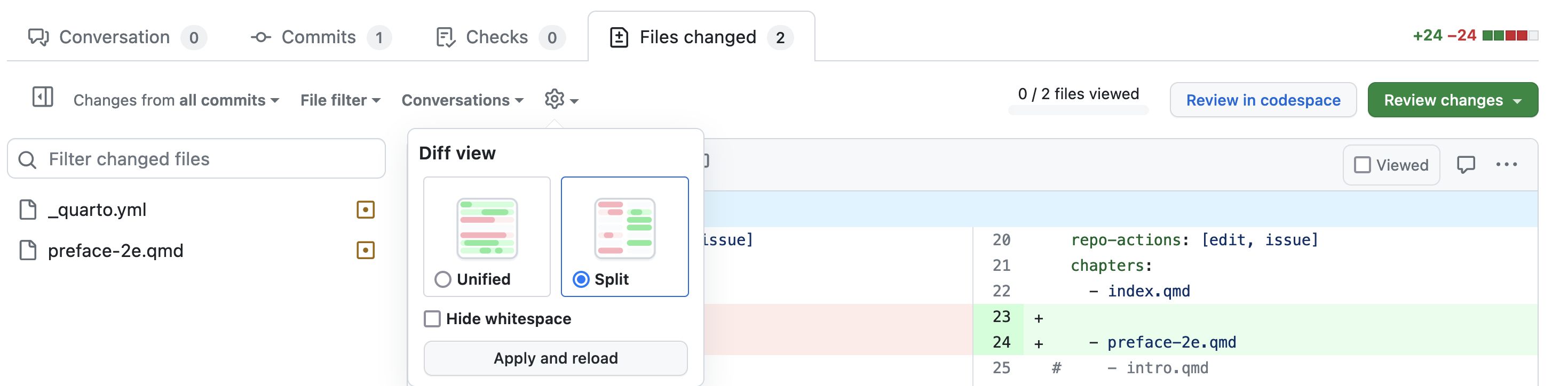Use a visualização `Files Changed -> Split` para a revisão