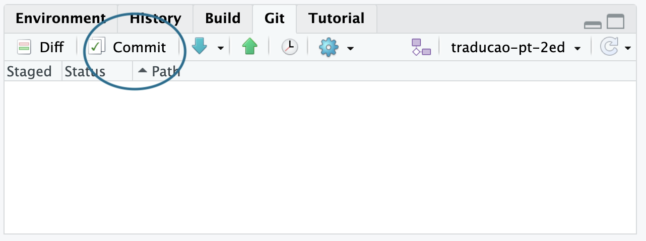 Painel Git do RStudio, e o botão para criar fazer o Commit circulado