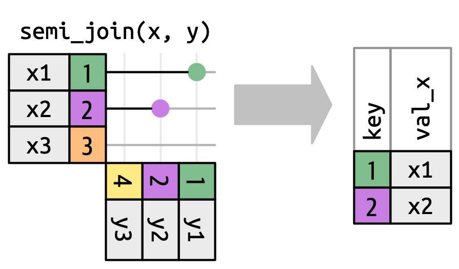 Um diagrama de união com velhos amigos x e y. Em uma semi-união, apenas o a presença de uma correspondência é importante, então a saída contém as mesmas colunas como x.