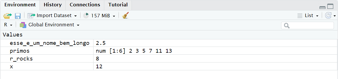 Guia de ambiente do RStudio que mostra r_rocks, esse_e_um_nome_bem_longo, x, e y no ambiente global.